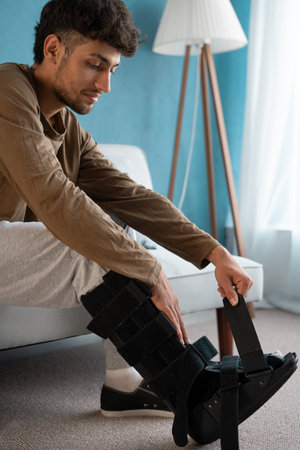 Arab guy with leg injury wearing ankle support orthosis sitting on sofa at home