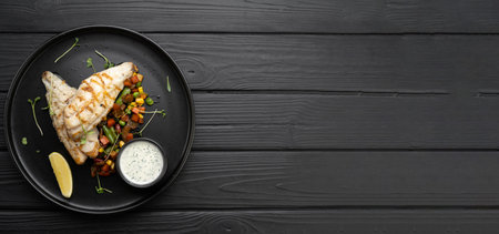 Grilled perch fillet served on a plate on a dark wooden background. Top view, flat lay.