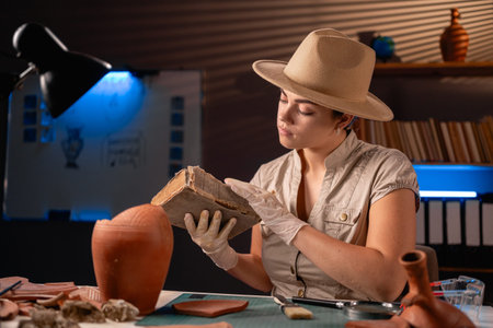 Archeologist reading old book working late night in office and studying amphora.