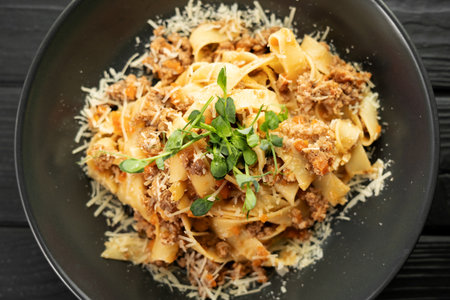 Italian Pasta Fettuccine with meat bolognese sauce and parmesan. High angelの写真素材