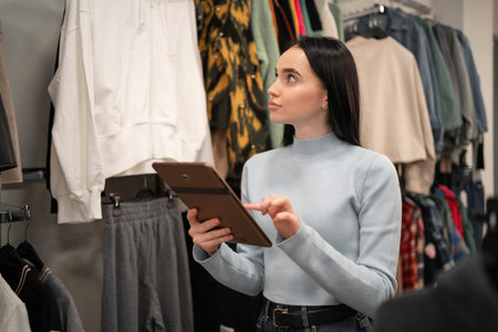 Beautiful young woman using tablet while working in the fashion store.