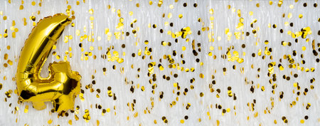 Gold balloon number 4, happy birthday congratulations. Golden balloons with copy space on white...