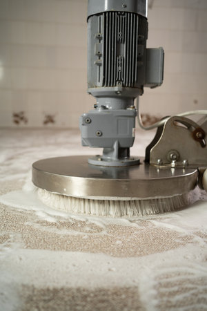 Carpet chemical cleaning with disk machine in dry-cleaning service. Close-upの写真素材