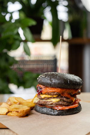 Black double burger served with fries on a wooden board on a table in a cafe. Fast food concept.の写真素材