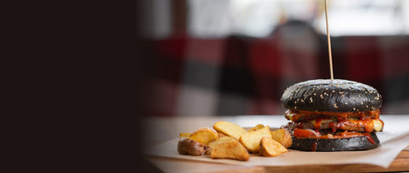 Fresh grilled black beef burger and french fries on a wooden table in fast food restaurantの写真素材