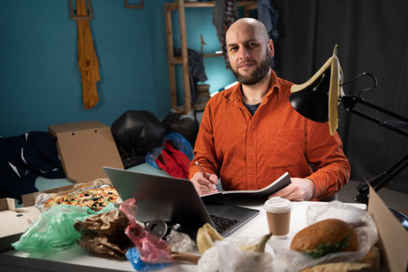 Portrait of bearded male student studying in messy room, looking at camera. Home education