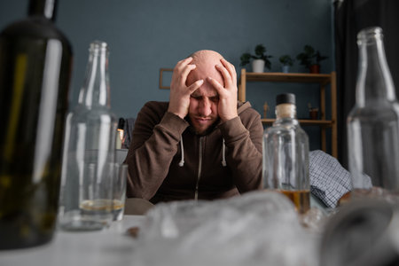 Alcohol addiction abuse and alcoholism concept. Upset millennial man drinker alcoholic sitting at home with empty bottles drinking whiskey alone, sad depressed addicted man having problem.の写真素材