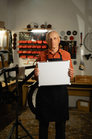 Portrait of elderly man with empty blank mock-up poster. Male mechanic in garage interior or workshop. Bike service, repair and upgradeの写真素材