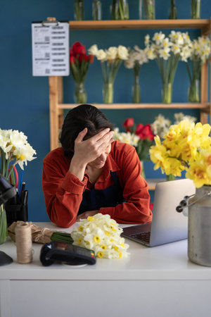 Florist woman stressed while working on laptop, Tired businesswoman with headache at her flowers shop, feeling sick at workの写真素材