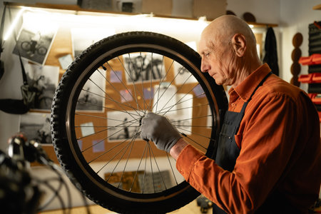 Bicycle repair in workshop, old man holding bike wheelの写真素材