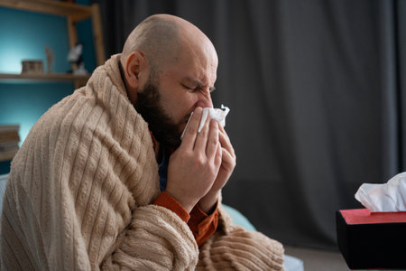Unhappy sad young man in plaid suffering from fever and flu on sofa, blowing nose in napkin. Treatment of illness, cold and runnyの写真素材