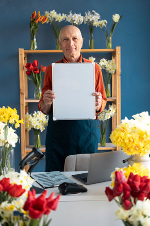 Smiling elderly man European florist holds a white board in his hands.の写真素材