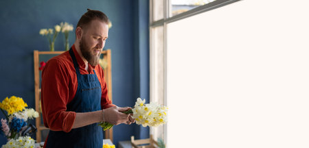 Male florist creating a bouquet of spring flowers while standing in his flower shop. Concept of small business and flower shop ownerの写真素材