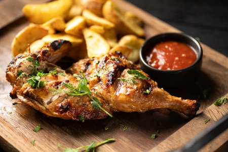 Grilled chicken leg with potatoes and tomato sauce on wooden board on tableの写真素材