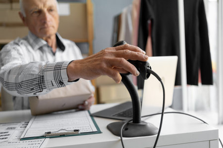 The businessman takes scanner to scan data about the parcel. Delivery and ordering