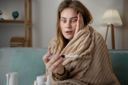 Woman Looking at Thermometer with Surprise on Her Face, Shocked by High Temperature Reading. Female...