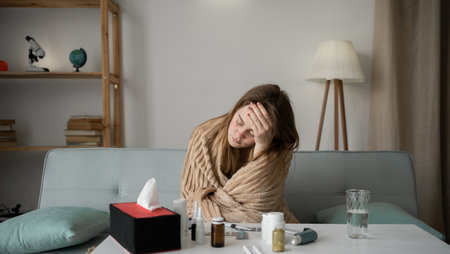 young sick woman sits on the sofa at home, bends over a table with pills and holds her head with her hand. Cold and headache concept.の写真素材