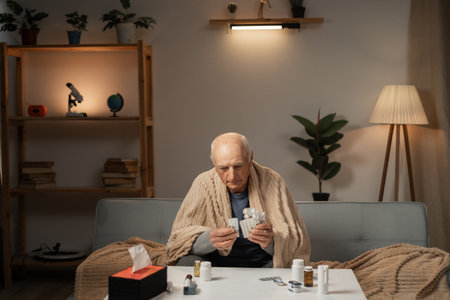 sick elderly man being treated at home. takes pills for illnessの写真素材