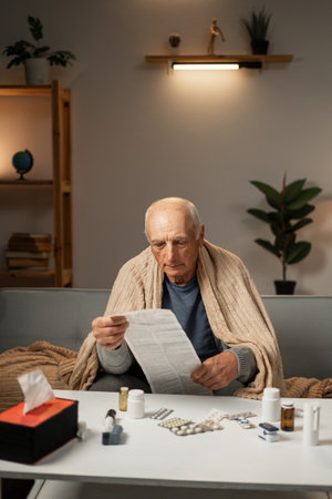 elderly sick man, wrapped in blanket, reads instructions for taking pills. Disease. Treatmentの写真素材
