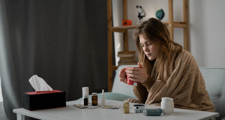 unhealthy adult woman drinks hot tea for cold. Prevention of viral diseasesの写真素材