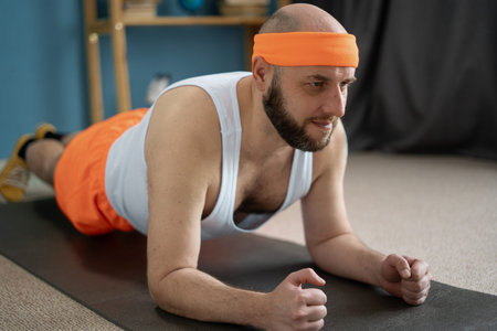 Middle aged man makes an exercise plank. Healthy lifestyle concept. Sportsman goes in for sports at...