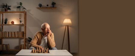 An elderly man plays chess in a cozy living room, focusing on strategy and enjoying leisure timeの写真素材