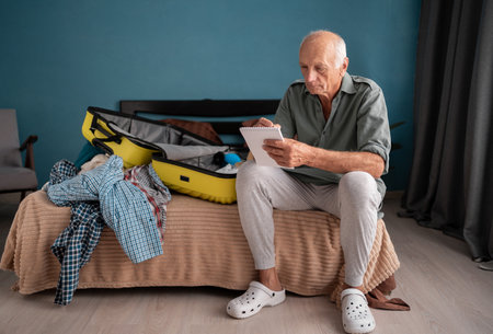 Retired man creating checklist for upcoming travel preparationsの写真素材