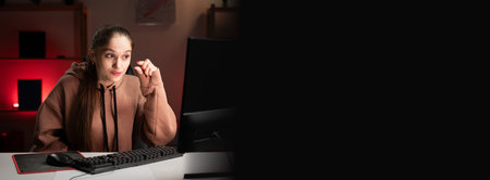 young woman showing small sign gesture playing game online at home. Gamer plays video game in neon...