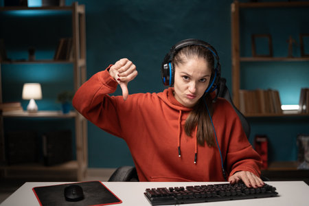 sad woman gamer play game. Female gaming player wearing headset look camera show thumb up dislike gesture reject refuse while broadcast live streaming online game at home. POV. Webcam view.の写真素材