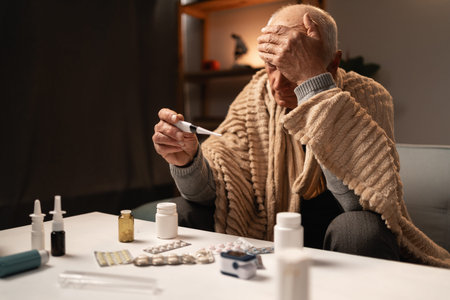 Healthcare, disease and pandemic concept. Sick, influenza senior man suffer fever and headache...