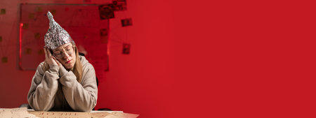 Woman making video call to friends using webcam, showing sleep gesture on red background. Female blogger recording vlog, chatting onlineの写真素材