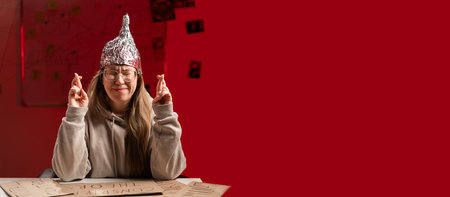 Female conspiracy theorist in protective foil cap and glasses debunks myths gesturing finger crossed smiling with hope and eyes closed. Conspiracy theory, luck and superstitiousの写真素材