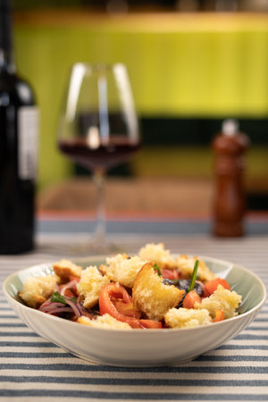traditional Italian panzanella salad with croutons and red wineの写真素材