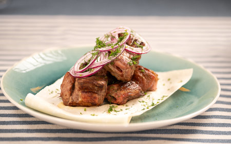 Grilled lamb kebab with red onion and herbsの写真素材