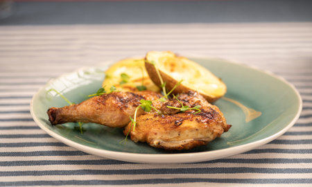 Grilled chicken with roasted potatoes and herbsの写真素材