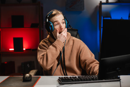 Young Caucasian hipster pro gamer afraid and shocked with surprise expression cover mouth, playing in online cyber sport game at night at home.の写真素材