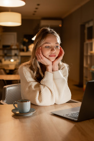 Young woman tired sitting before laptop screen in cafe, bored of working, exhausted.の写真素材