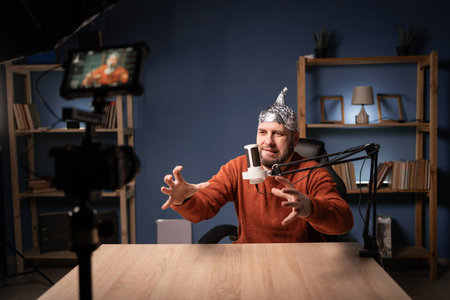 Strange man in a protective foil cap filming commercial video vlog, vlogger recording business course tell to mic showing hands gesture. Conspiracy theory and fake newsの写真素材