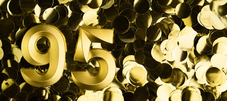 Golden number ninety-five 95 candle on shiny yellow confetti background. Festive backdrop for ninety-fifth birthday, anniversary, or celebration. Bright greeting card with space for text.の写真素材
