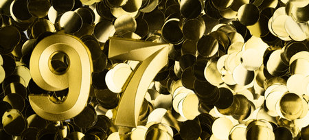 Golden number ninety-seven 97 candle on shiny yellow confetti background. Festive backdrop for ninety-seventh birthday, anniversary, or celebration. Bright greeting card with space for text.の写真素材