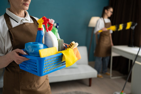 woman with a cleaning products in basket for service, tools for work. Female cleaner with products to clean, disinfection and jobの写真素材