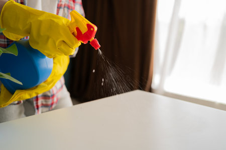 people doing cleaning. Maid spraying disinfectant on table, close-up. cleaning maidの写真素材