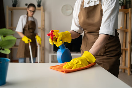 Cleaning service and housekeeping concept. Professional cleaning service women worker team working...