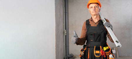 old man builder construction worker with spirit level and tools standing on construction site showing like gesture class raising thumb upの写真素材