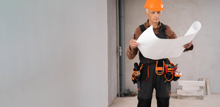 Elderly male builder studying layout plan new house, working with documents on construction site. Copy spaceの写真素材