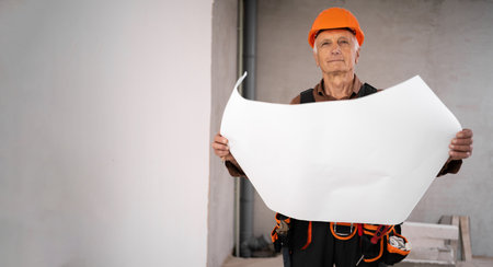 civil engineer or builder with paper house project checking and planning at construction site, Elderly man holding blueprintの写真素材