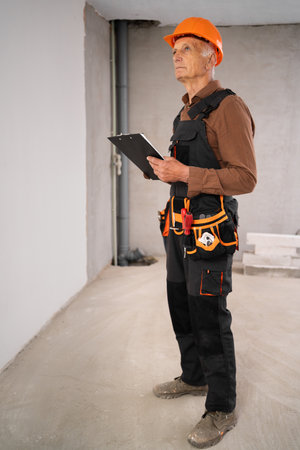 Elderly male builder in hardhat with clipboard builders at construction site. business, building and paperworkの写真素材