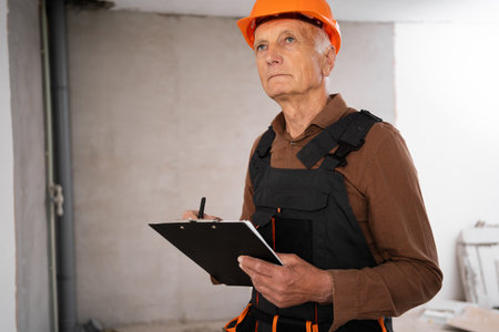 male engineer wearing a safety helmet holding a clipboard in new houseの写真素材
