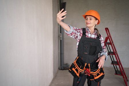 Female builder or architect having video call at construction siteの写真素材