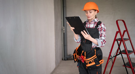 Woman in hardhat with clipboard writing notes at construction site. repair, construction, renovation and maintenanceの写真素材